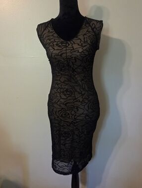 Vintage Y2k Womens Black Mesh Sheer Babydoll Ruched Whimsigoth Dress. Sz S 90's